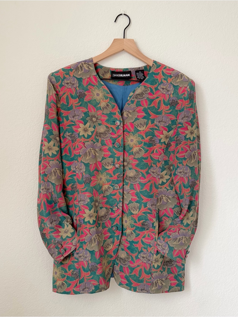 Diane Gilman Teal Floral Longline Blazer 100% Silk Size Medium